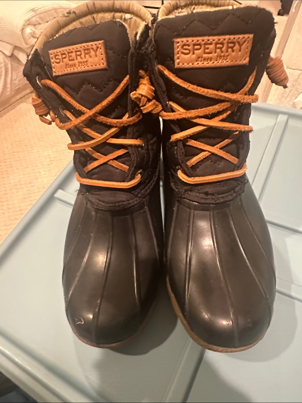 Sperry Black Winter Duck Boots with Tan Laces